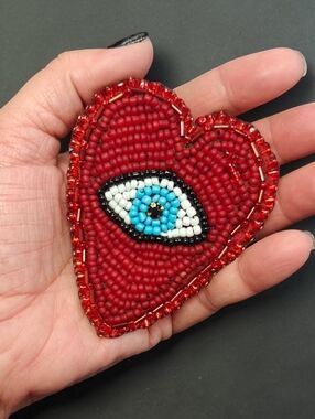 Designer's Murka Handmade Hand-Beaded Red Heart Brooch with Blue Evil Eye Accent